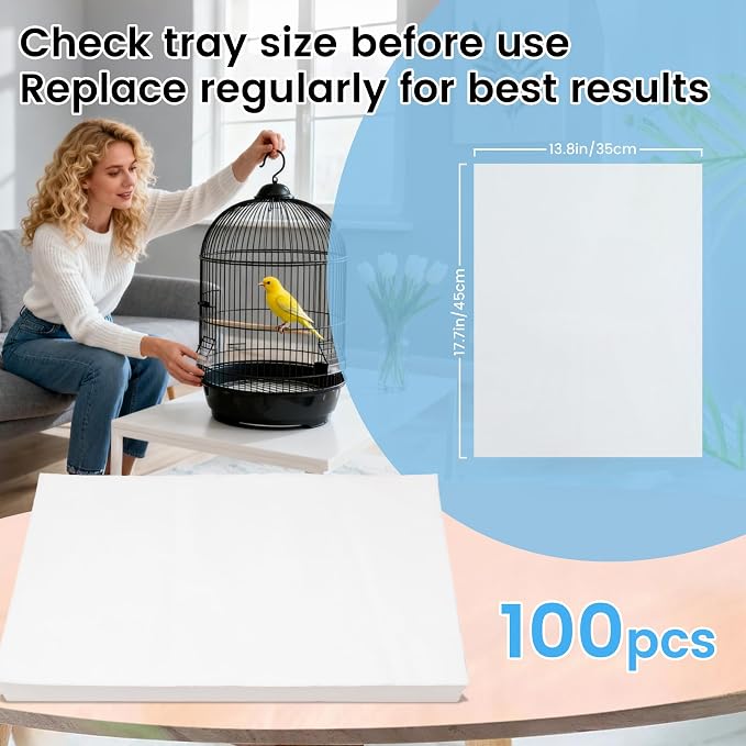 17.7x13.8in Bird Cage Liners - 100 Sheets Pre-Cut Disposable Cage Tray Liners, High Absorbent Non-Woven Pads for Parrots, Cockatiels and Small Animals - Image 2