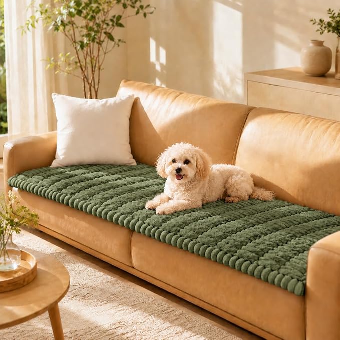Couch Cover for Dogs, Non Slip Washable Sofa Protector Pet Friendly | Dark Green Fuzzy For 3 Cushion Couch, Protector for All Sofas (27.6" x 82.7") by Unknown
