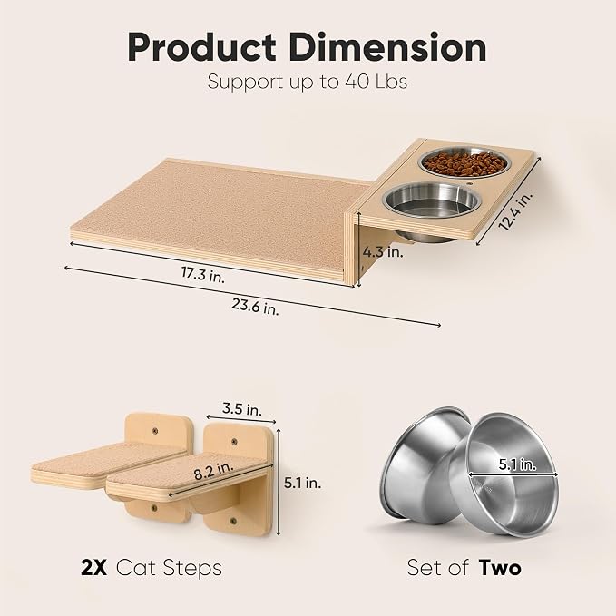 FUKUMARU Cat Wall Shelves, Food Station with 2 Steps | 3 in 1 Cats Walls Furniture Set, Birch Plywood Perch, Suitable for Kitten Play, Nap, Eat, DIY Wall Jungle Gym - Image 3