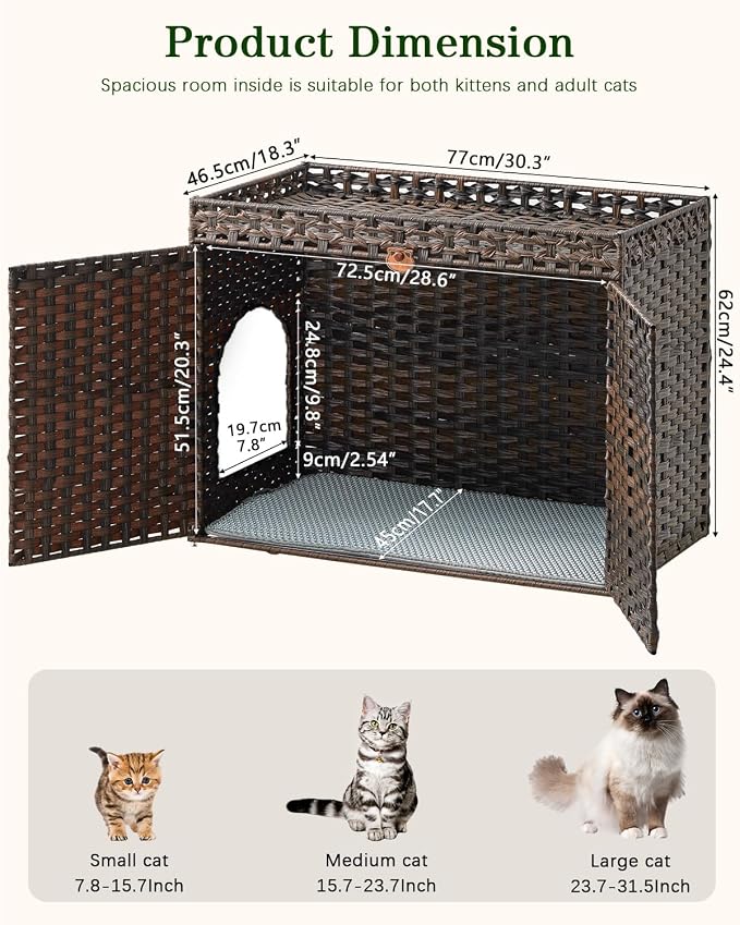 SETVSON Cat Litter Box Enclosure Furniture, Handwoven Rattan Hidden Litter Box with Mat, Large Space Cat House with 2 S-Shaped Hooks, 30.3 x 18.3 x 24.4 Inches, Indoor for Living Room Apartment Brown - Image 5
