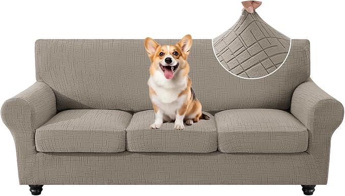 4 Piece Stretch Sofa Covers for 3 Cushion Couch, Non Slip Couch Covers for Sofa, Pet Couch Cover Washable, Couch Slipcover for Dogs, Kids (Khaki), 91"-110" (3 Cushion XL Sofa) by CYCMACOHOME