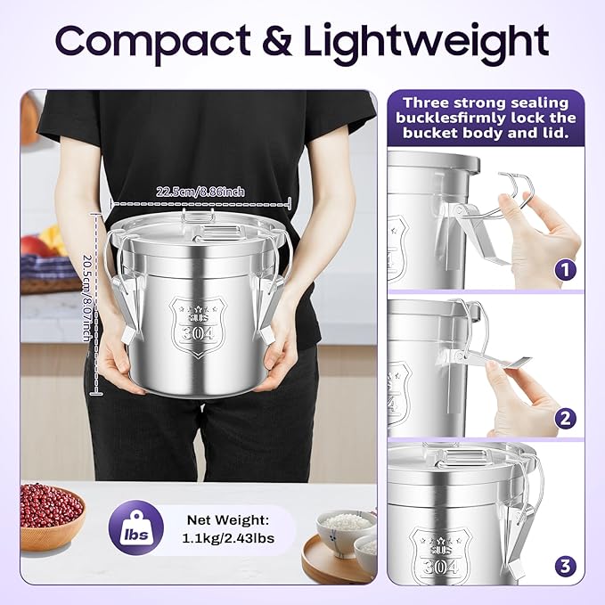 DYNAMI 304 Stainless Steel Containers With Lid,202oz Airtight Flour Container for Kitchen,5-10lbs Metal Airtight Canisters Milk Jug Coffee Bean Cookies Canisters w/Locking Clamp (6L/1.6Gal) - Image 8