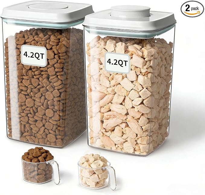 Dog Food Storage Containers Set with One-Touch Lid, (2 × 4.22 QT / 4.0 L) BPA-Free Cat Food Storage Container，Stackable Durable PET with 130ml Scoop, for Kibble & Treats Organization by EQI