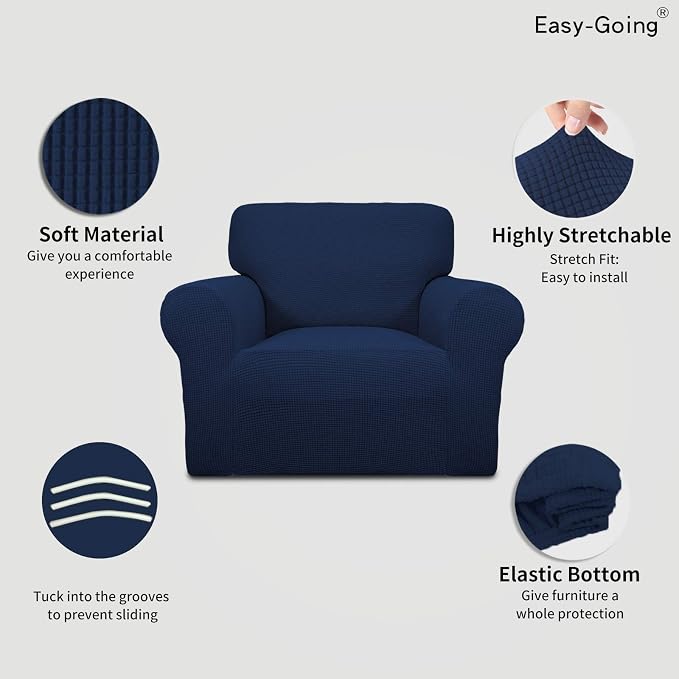 Easy-Going Stretch Chair Slipcover with Arm Washable Navy | 1-Piece Couch Sofa Cover Furniture Protector for Living Room Soft with Bottom For Kids, Pet. Spandex Jacquard - Image 3