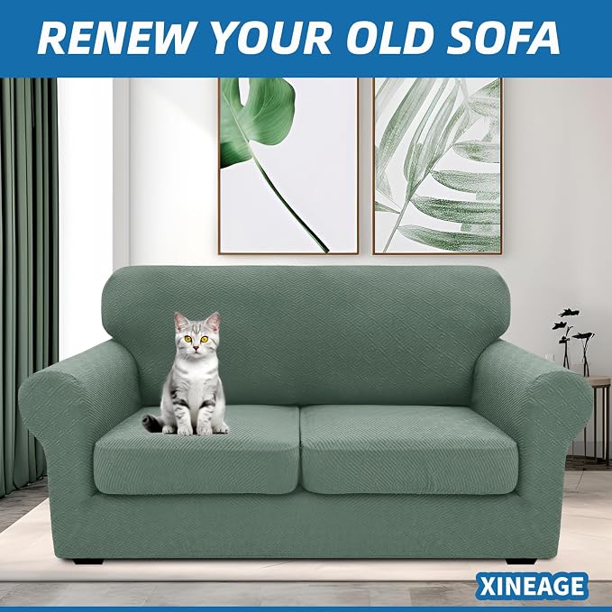 XINEAGE New 3 Pieces Couch Covers for 2 Cushion Sofa Super Stretch Loveseat Slipcover Pet Dog Universal Slip Cover Anti Slip Love Seat Furniture Protector (Pea Green, 55"-69") - Image 4