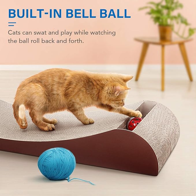 Simple Delxue Cat Scratcher Cardboard Lounge Bed with Bell Ball Toy, 30 Inches Large Horizontal Cat Scratcher Pad, 100% Recyclable & Reversible Durable Cardboard Scratching Board for Indoor Cats - Image 4