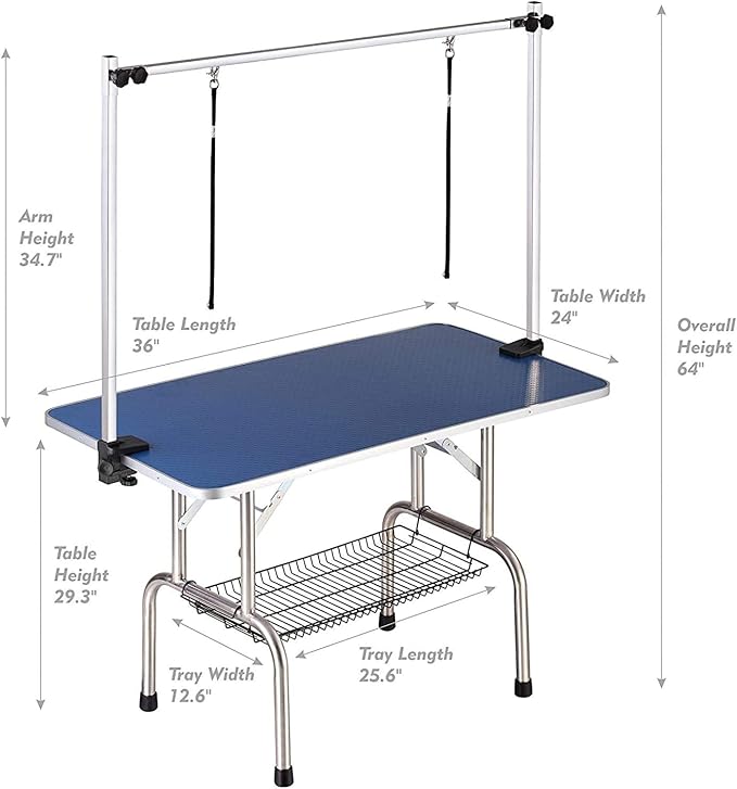 36" Dog Grooming Table Foldable Pet Grooming Tables with Adjustable Arm Noose Storage Mesh Tray Maximum Capacity Up to 330lbs Blue - Image 2