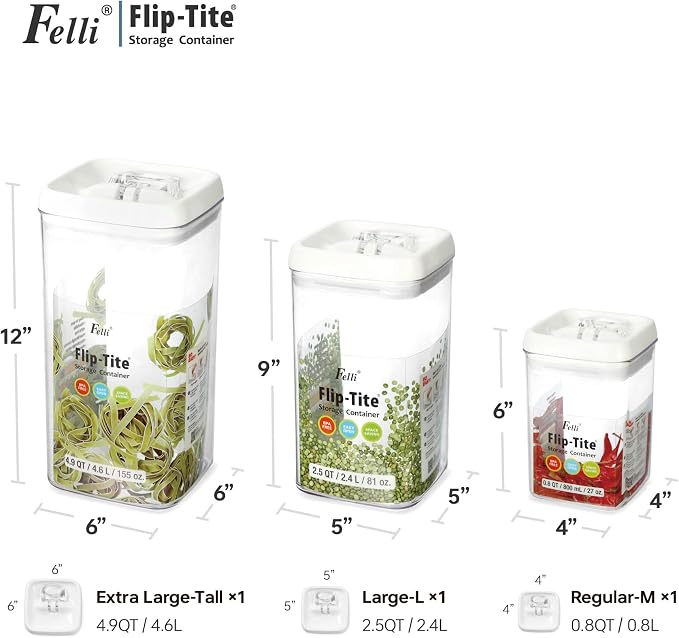 Felli Flip Tite Acrylic Food Storage Container with Lid 6” XL Air Tight Ring Seal Flip Lock, Plastic Kitchen Baking Canister for 5 lb Flour Sugar Rice Protein Powder Pantry Organizer (Nest-L) - Image 3