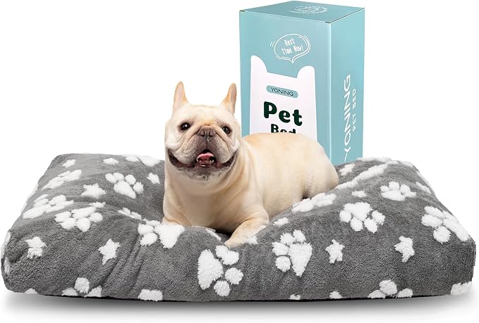 Cute Fluffy Dog Beds for Small Medium Dogs, 30"x 20", Grey Paw | Thick Dog Bed for Crate Kennel, Pet Bed with Removable Washable Cover, Anti-Slip Bottom by Yaning
