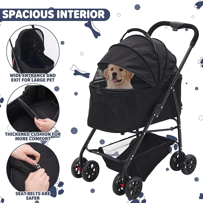 3-in-1 Pet Stroller,Foldable Cat Dog Strollers for Medium Dogs 20KG,Pet Travel Dog Stroller Pushchair with Detachable Carrier Car Seat