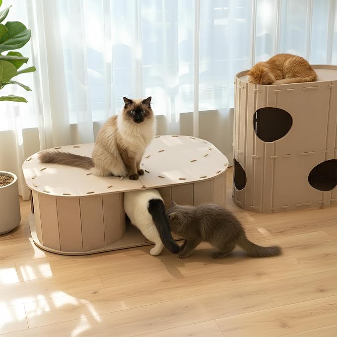 PETKARAY Large Felt Cat Tunnel, Double S-Shaped Hideaway for Indoor Cats, Interactive Cat Bed Cave and Hideout, 34x22.8x10.2 inches Beige - Image 7