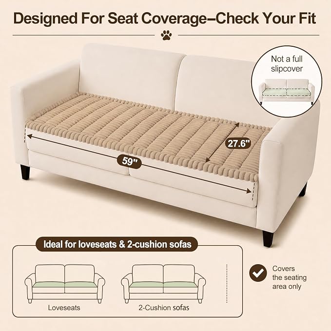 decorUhome Couch Cover for Dogs, Non Slip Fuzzy Thick Pet Sofa Protector | Pet Friendly, Soft Plush Fabric, Couch Covers for Sofa, Machine Washable, Fits 2-Cushion Sofa/Loveseat, Khaki, 27.6" x 59" - Image 8
