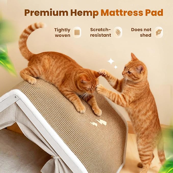 Cat Houses for Indoor Cats - Large Cat Bed Cave with Natural Sisal Cat Scratcher Mat, Solid Wood Frame Cat House with Curtains and Cat Floor Scratching Pad Rug, Protect Couch and Carpets, L - Image 3