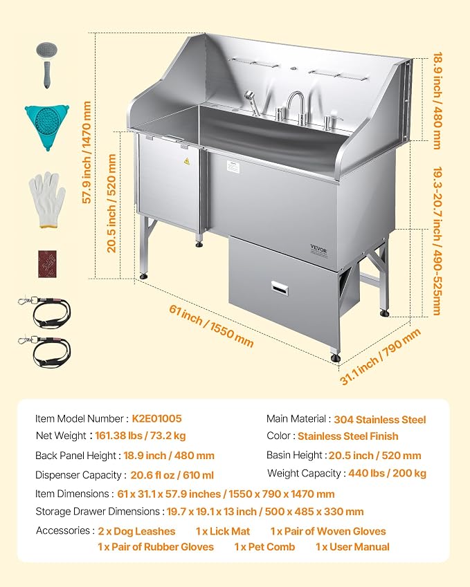 VEVOR Professional 304 Stainless Steel Dog Bathing Station, 61 inch Pet Grooming Tub w/Anti-Slip ramp, Storage Drawer, Cold Hot Faucet Showerhead, for Large & Medium & Small (Left Door, with Drawer) - Image 7