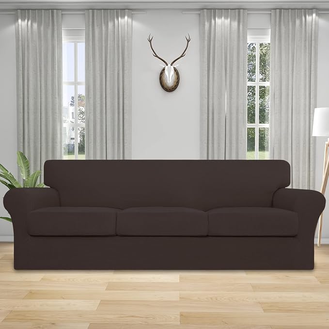 Easy-Going 4 Pieces Stretch Couch Cover Oversized Sofa Cover for Dogs Washable Sofa Slipcover for 3 Separate Cushion Couch Spandex Elastic Furniture Protector for Pets, Kid(Chocolate, Oversized Sofa) - Image 2