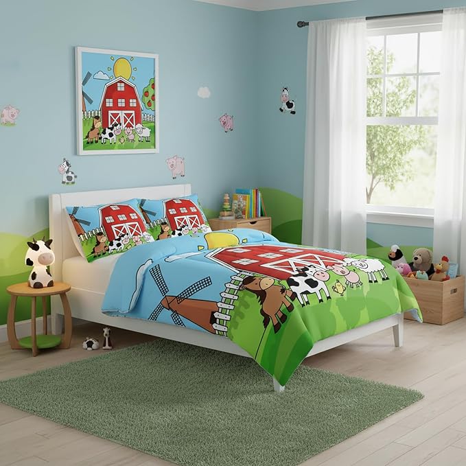 QOOMO Farm Animals Comforter,Farmhouse Comforter Set for Kids Teens Girls Boys,Cartoon Animals 3Pcs Bedding Set Printed Comforter with 2 Pillowcases,Down Alternative,Soft and Lightweight，Queen Size - Image 3