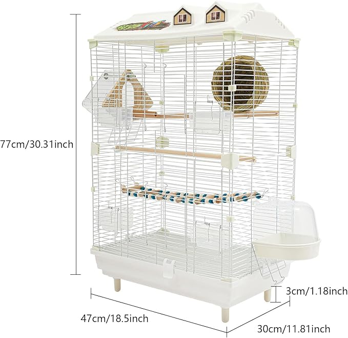 2-Door Wrought Iron Bird Cage Parakeet Cage with Roof, Parrot Cage Pet Birds Flight Cage w/Nest, Interactive Birdcages Bird House Travel Cage for 4-6 Small Birds (30" H, Iron Mesh w/Roof-A) - Image 2