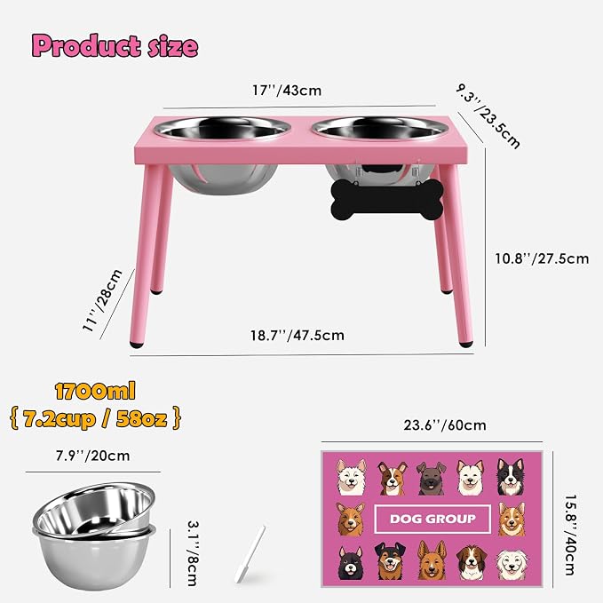 ADENGL Raised Dog Bowl Stand for Large Medium Dogs, Elevated Dog Bowls with Sprill Proof Mat &Two 58OZ Stainless Steel Bowls,Pink - Image 3