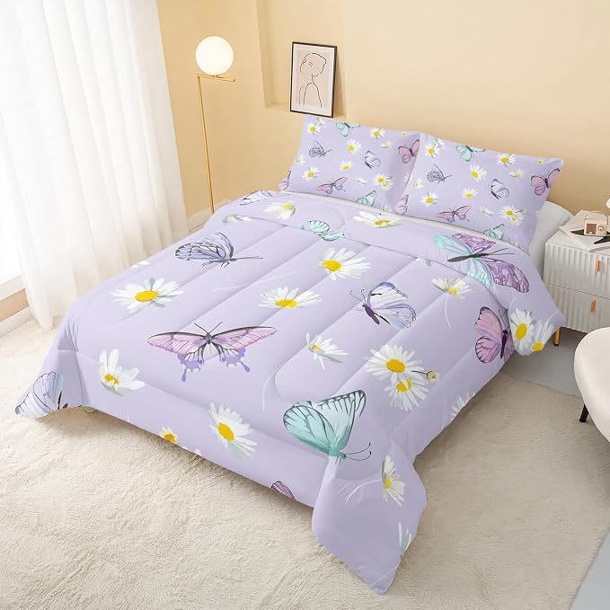 QOOMO Butterfly Comforter Set for Kids Teens Girls Women,Daisy Kids Comforter,1 Comforter with 2 Pillowcase, Microfiber 3 Piece Bedding Set,for All Seasons，Queen Size - Image 3