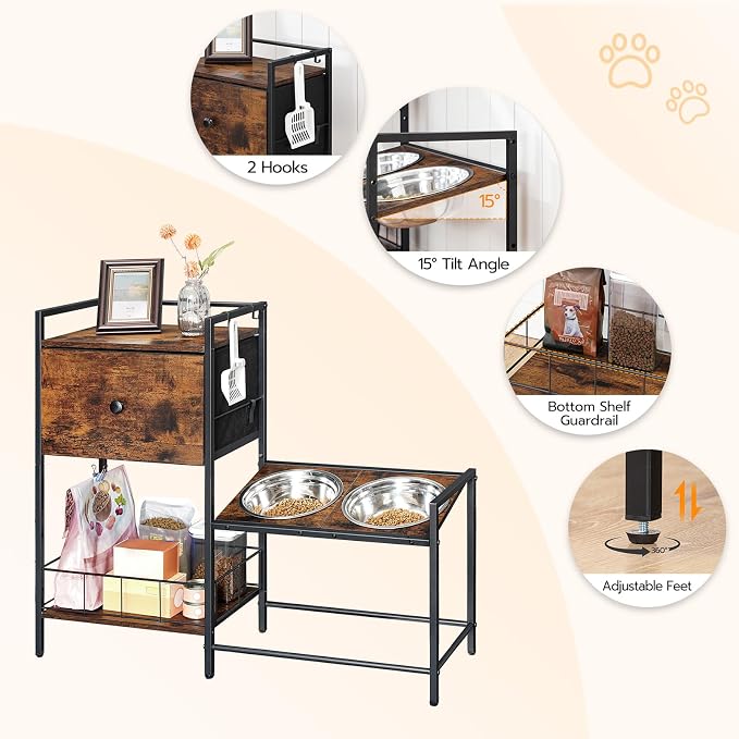 HOOBRO Elevated Dog Bowls Stand with Drawer, Height Adjustable Raised Feeding Station Cabinet with Storage Basket, 4-IN-1 Pet Storage Organizer for Large Medium Breeds, Rustic Brown and Black BF22PO03 - Image 7