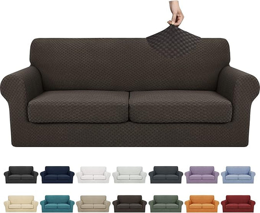 YEMYHOM Latest Checkered 3 Pieces Couch Covers for 2 Cushion Couch High Stretch Sofa Cover with 2 Extra Large Seat Cushion Covers Anti Slip Elastic Slipcovers (Dark Coffee), 71"-91"(2 Cushions) by YEMYHOM