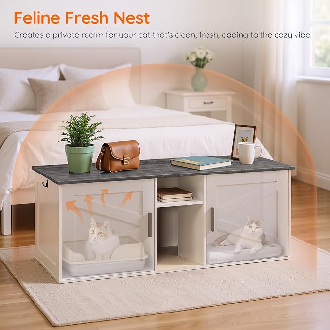 HOOBRO Double Litter Box Enclosure, Modern Cat Litter Box Furniture with Storage and Mat Design, Farmhouse Hidden Litter Box Enclosure with 2 Hooks, White and Charcoal Gray BW23MW01 - Image 4