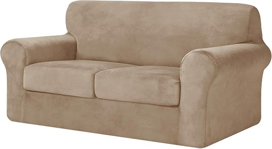 CHUN YI 3 Piece Velvet Couch Covers for 2 Cushion Couch, Water Resistant Loveseat Covers, Non Slip High Stretch Thick Furniture Protector for Dogs Pets, Medium, Camel by CHUNYI