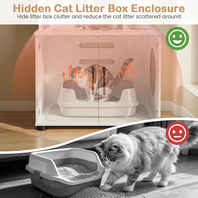 PETSITE Cat Litter Box Furniture with 3 Shelves and Doors, 56 inch Tall Cat Box Enclosure with Display Shelves and Side Entry, Indoor Hidden Litter Box with Decorative Storage Shelving (White) - Image 7