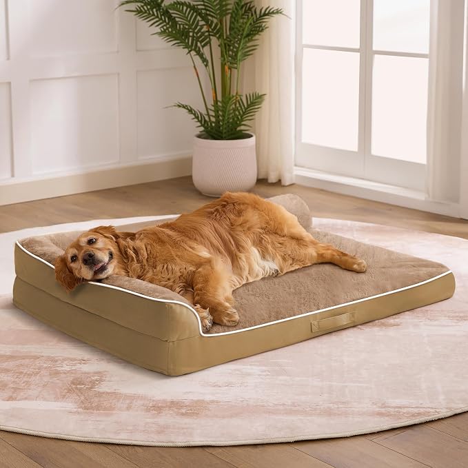 Dog Bed Large Sized Dogs, XL Orthopedic Dog Bed for Large Dogs 42"x30"x7.5", Waterproof Pet Bed with Washable Removable Cover, L-Shaped Pet Couch with Portable Handle, Camel by Aeroluxe