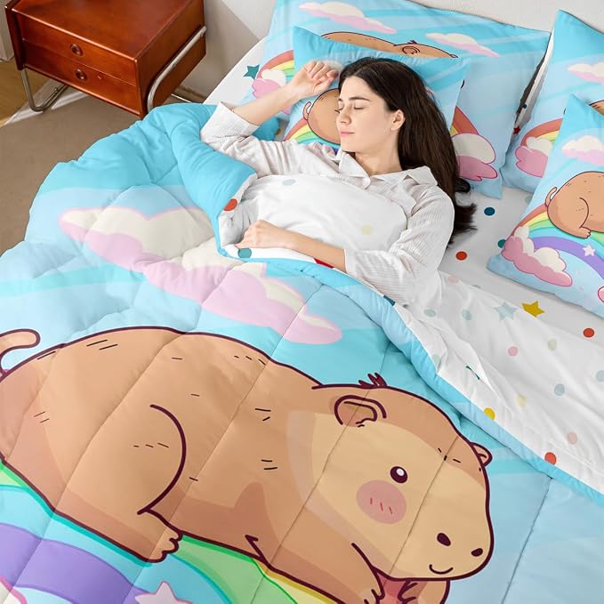 Erosebridal Kids Cute Capybara 7-Piece Bedding Set Full Size, Rainbow Comforter Set with Sheets for Bedroom, Kawaii Aninal Bed in A Bag, Cartoon Cloud Bedroom Decor - Image 7