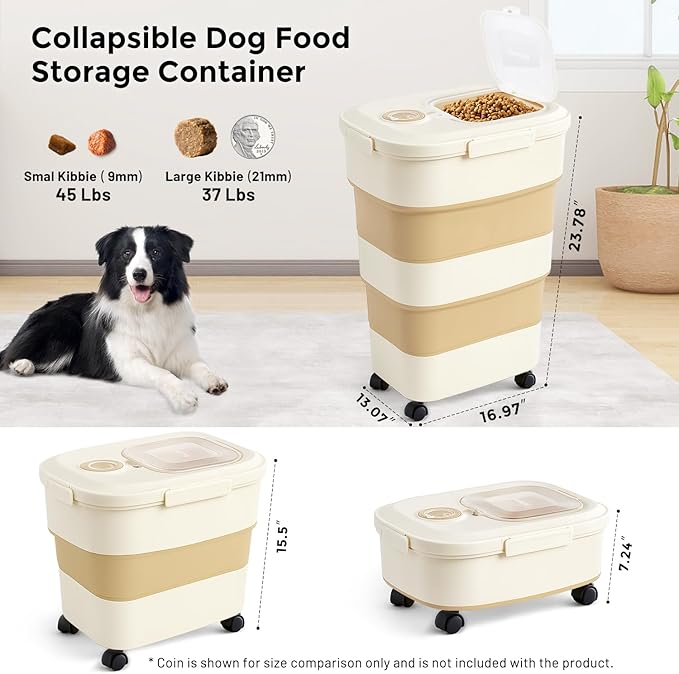 ZOMISIA 40-50lbs Dog Food Storage Container, Large Capacity Collapsible Airtight Pet Food Storage Containers with Rolling Wheels, Transparent Lid, Scoop and Date Track, Khaki - Image 2