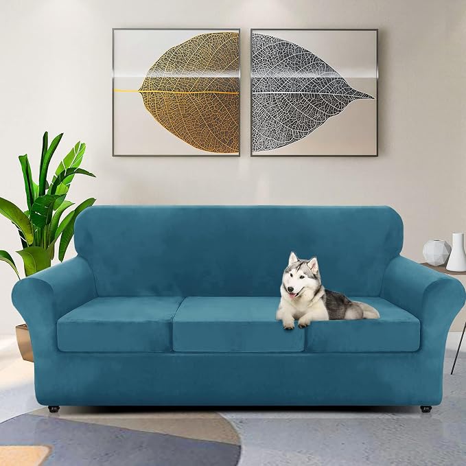 ZNSAYOTX Oversized Velvet Couch Cover 4 Piece (92"-115") Stretch Sofa Covers for 3 Cushion Couch Thick Soft XL-Slipcover with Non Slip Strap, Dog Pet Friendly Nice Furniture Protector (Peacock Blue) - Image 2