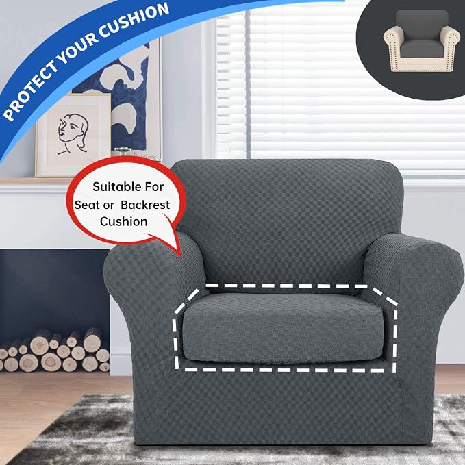 YEMYHOM Stretch Individual Cushion Covers Sofa Chair Seat Cushion Slipcovers Soft Couch Cover Replacement Large Checkered Furniture Protector with Elastic Bottom (1 Pc Cushion Cover, Dark Gray) - Image 3