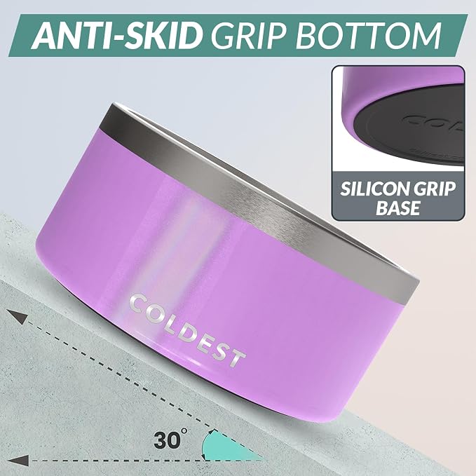Coldest Dog Bowl - Anti Rust Metal, Non Slip, 3 Layers Insulated Stainless Steel Dog Bowls - Spill Proof & Heavy Duty - Water Bowl for Dogs, Cats, Dish Washer Safe (200 oz, Saturns Purple Glitter) - Image 2