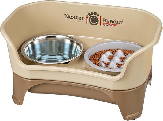 Neater Feeder Express Mess Proof Dog Bowls Elevated for Medium and Large Breed – Made in USA – No Spill Raised Slow Feeder Elevated Dog Bowl Stand, Slow Feed Food and Water Bowl Set, Cappuccino by NeaterPets