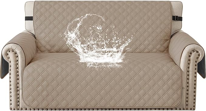 Waterproof Loveseat Covers for 2 Cushion Couch, Sofa Covers for Pets Washable with Side Pockets, Non Slip Couch Covers for Dogs, Dog Couch Cover with Elastic Straps (Loveseat, Light Brown) by CYCMACOHOME