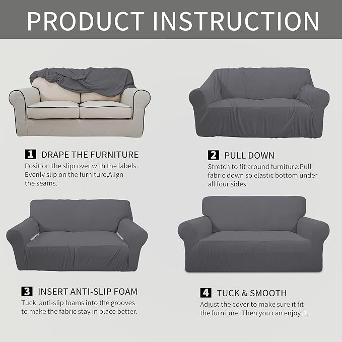 Easy-Going Stretch Loveseat Couch Covers Washable Grey | 1-Piece Loveseat Covers for 2 Cushion Couch Furniture Protector RV Sofa Slipcover Soft with Bottom for Kids Pets - Image 5
