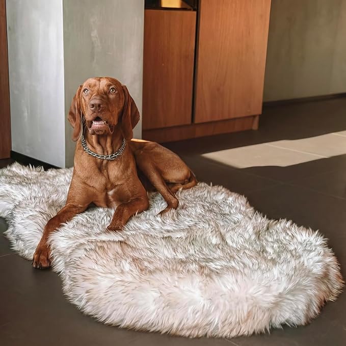 Faux Fur Orthopedic Dog Bed, Memory Foam, White w/Brown Tips 60"x35" | Plush Washable Dog Rug with Waterproof Machine Washable Cover, Calming for Anxious Senior Dogs, Relieves Joints by iHappyDog