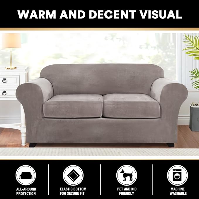 PrinceDeco Velvet Couch Cover Loveseat Covers for 2 Cushion Couch 3 Piece Sofa Covers for Dogs Washable Loveseat Covers Width Up to 72 Inch No Slip Stretch Sofa Slipcover(Medium, Taupe) - Image 7