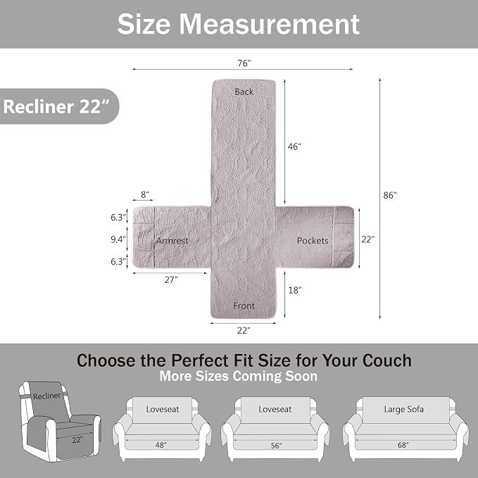 Purple Quilted Recliner Covers, Waterproof Recliner Chair Covers, Lazy Boy Chair Covers, Pet Friendly Recliner Slipcover for Dogs, Washable Sofa Couch Cover (Recliner 22", Cloud Purple) - Image 7