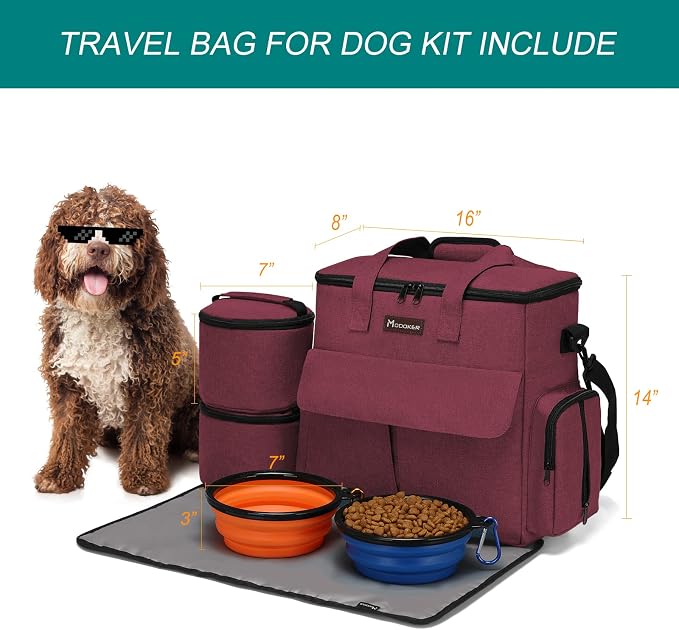 Modoker Weekend Dog Travel Bag with 2 Food Bags, 2 Bowls and Mat,Rose Red | Dog Travel Accessories Organizer for Camping and Road Trips with Roomy Storage, Multiple Pockets and Water-Resistant Oxford - Image 4