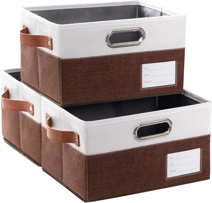 PRANDOM Foldable Storage Bins with Handles [3-Pack] Fabric Collapsible Storage Boxes Baskets Cubes Containers with Handles for Closet Living Room Bedroom (Brown & White 11.5x8.5x6.7'') by Prandom