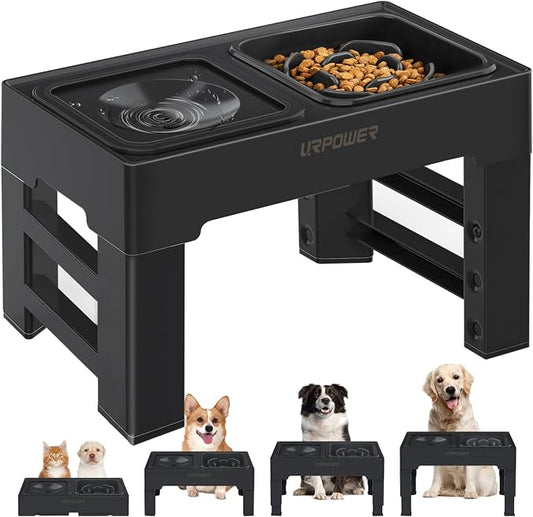 URPOWER 2-in-1 Elevated Slow Feeder Dog Bowls with No-Spill Water Bowl | 4 Height-Adjustable Raised Dog Bowls, Non-Slip Food and Water Bowls with Stand for Small, Medium, Large Dogs, Cats and Pets by URPOWER