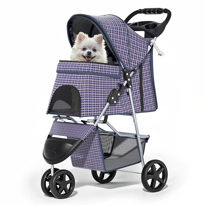 MoNiBloom 3 Wheels Pet Dog Cat Stroller for Small Medium Dogs Cats, Lightweight Foldable Jogger Stroller w/Storage Basket and Cup Holder, Plaid