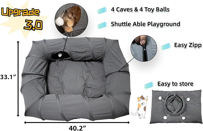 XxingSheep 4 Ways Shuttled XL Cat Tunnel Bed for Indoor Cats Peekaboo Cat Cave Donut with Cool Mat (Dark Gray) - Image 3