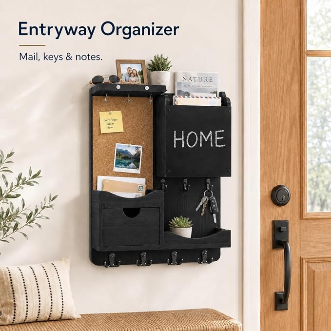 Key Holder Wall Mount, Mail Organizer Key Holder for Wall with Shelf, Drawer, Chalkboard, Corkboard, Home Decor Mounted for Room Entryway (Black) - Image 4