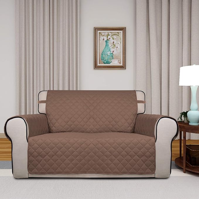 PureFit Reversible Quilted Sofa Cover, Water Resistant Medium Slipcover Furniture Protector, Washable Couch Cover with Non Slip Foam and Elastic Straps for Kids, Dogs, Pets (Loveseat, Brown/Beige) | Brown/Beige, Water Resistant Couch Protector, Washabl... - Image 2