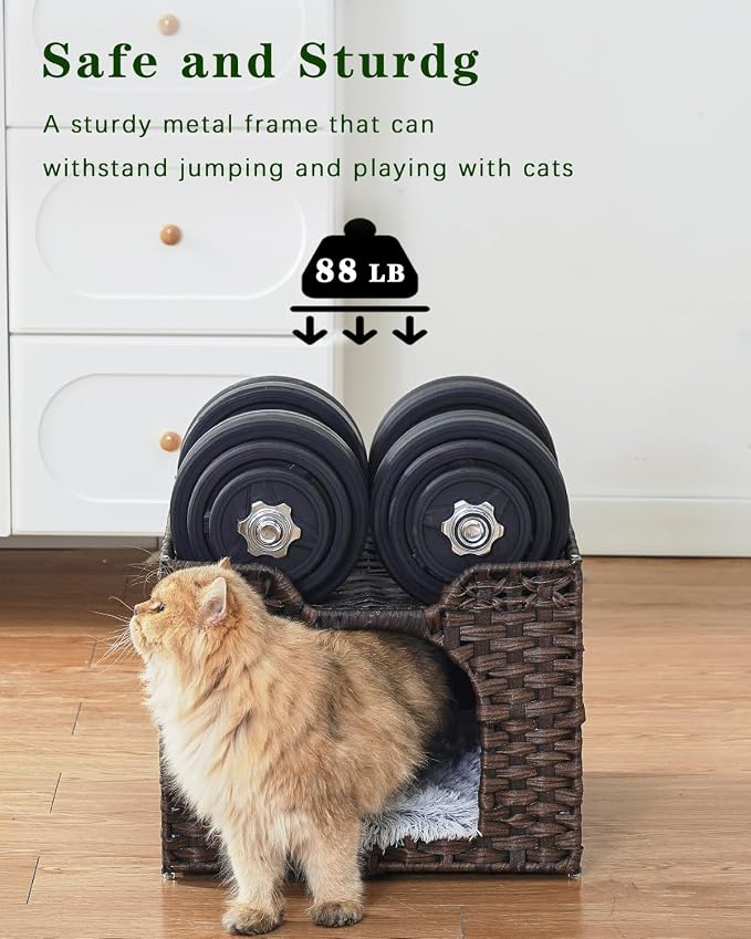 SETVSON Cat Beds Indoor Kitten House, Handwoven PE Rattan Cave, Brown | Double-Layer Rattan Pet Cube, Double-Sided Cushion Bed, Foldable Steel Frame, 2 S-Hooks, 16.5x16.5x13.2 In Hideaway - Image 3