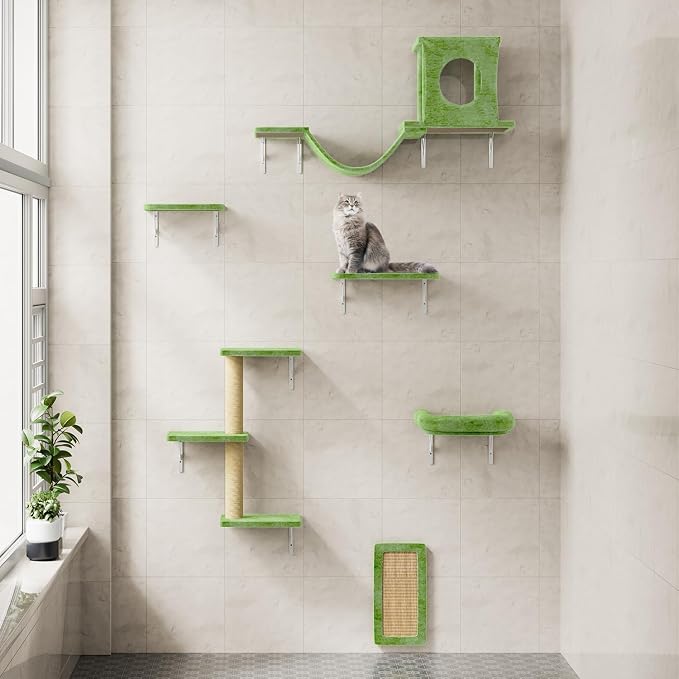 12-in-1 Cat Wall Shelves, Luxury Wall-Mounted Cat Climber Set | with Condos House, Scratching Post, Bridge Ladder, Indoor Space-Saving Furniture for Kittens, Green - Image 8