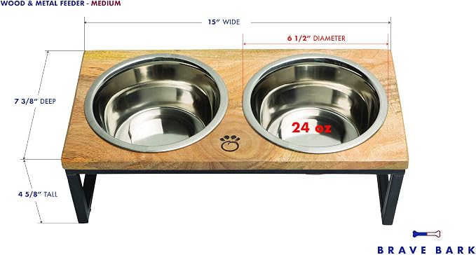 Mango Wood Dog Bowl Stand - Elevated Pet Feeder with 2 Stainless Steel Bowls - Raised Food and Water Dish Set for Dogs and Cats, Available in 4 Sizes, Pet Dining Station, Medium/24oz - Image 2